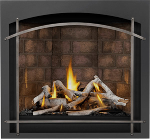 Image of Napoleon Altitude X AX36NTE gas fireplace shown with Birch log set, Newport brick panels, Whitney front with Antique Pewter Arched Iron Elements