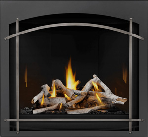 Image of Napoleon Altitude X 36 gas fireplace shown with Birch log set, Mirro-Flame Porcelain Radiant Reflective panels, Whitney front with Antique Pewter Arched Iron Elements