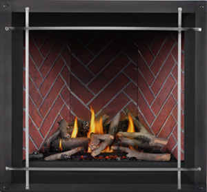 Image of Napoleon Altitude X shown with Maple log set, Old Town Red Herringbone brick panels, Denali front with Satin Nickel Straight Iron Elements