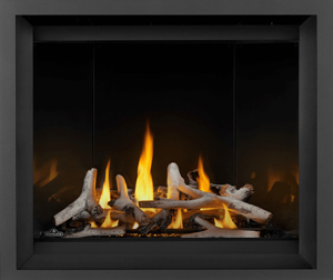 Image of Napoleon Altitude X shown with Birch log set, Mirro-Flame Porcelain Radiant Reflective panels, and Charcoal Finish Trim