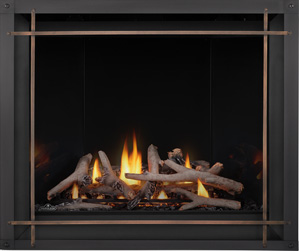 Image of Napoleon Altitude X shown with Maple log set, Mirro-Flame Porcelain Radiant Reflective panels, Denali front with Burnished Brass Straight Iron Elements