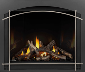 Image of Napoleon Altitude X shown with Split Oak log set, Mirro-Flame Porcelain Radiant Reflective panels, Whitney front with Satin Nickel Arched Iron Elements