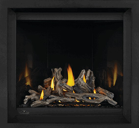 Image of Napoleon Altitude X 36 gas fireplace shown with Driftwood log set, Mirro-Flame Porcelain Radiant Reflective panels, Black Finish Trim
