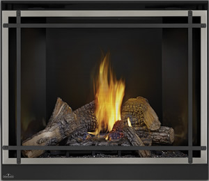 PHAZER® Log Set, MIRRO-FLAME™ Porcelain Reflective Radiant Panels, Classic Resolution Front with Overlay in Brushed Nickel, with Black Straight Accent Bars, Standard Safety Screen